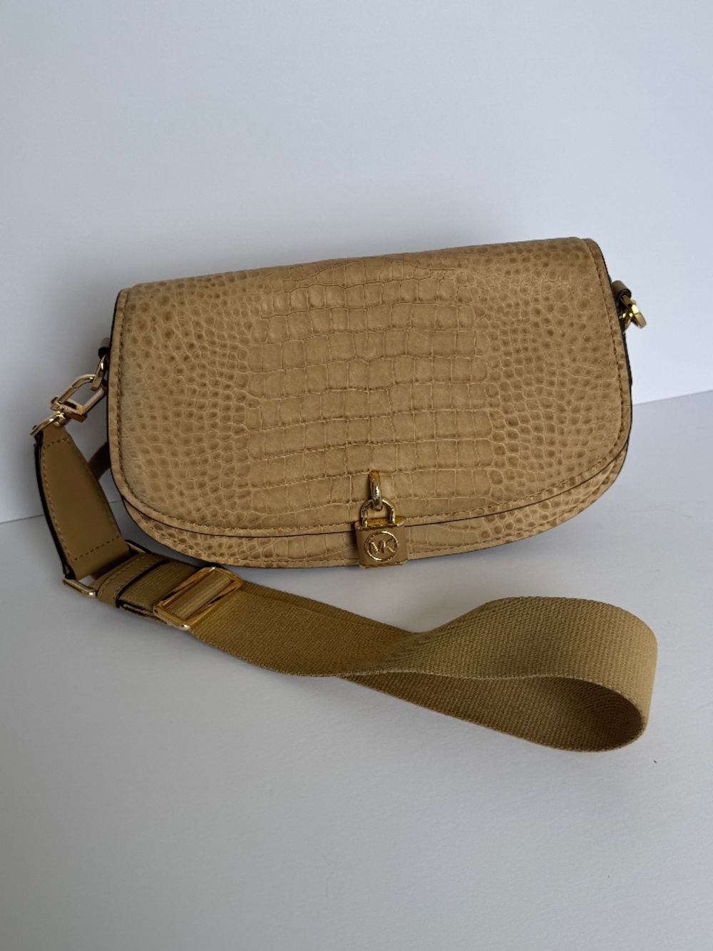 Michael Kors Mila Croc Embossed Leather Crossbody Bag Taupe Beige Gold Hardware